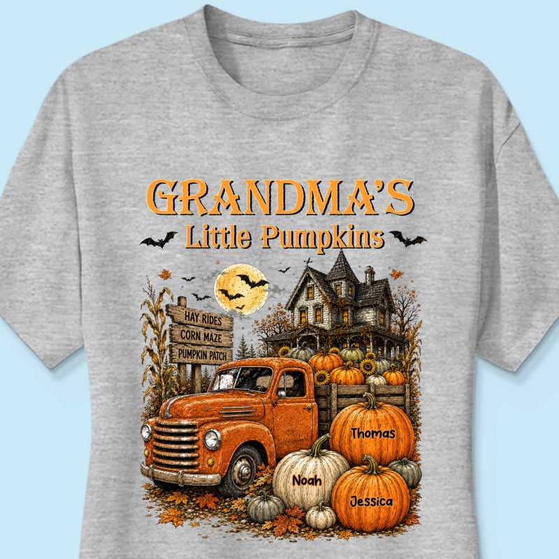 Retro Vintage Farmhouse Halloween Town Style Grandma's Little Pumpkins Truck - Personalized Shirt - Halloween Gift For Grandma