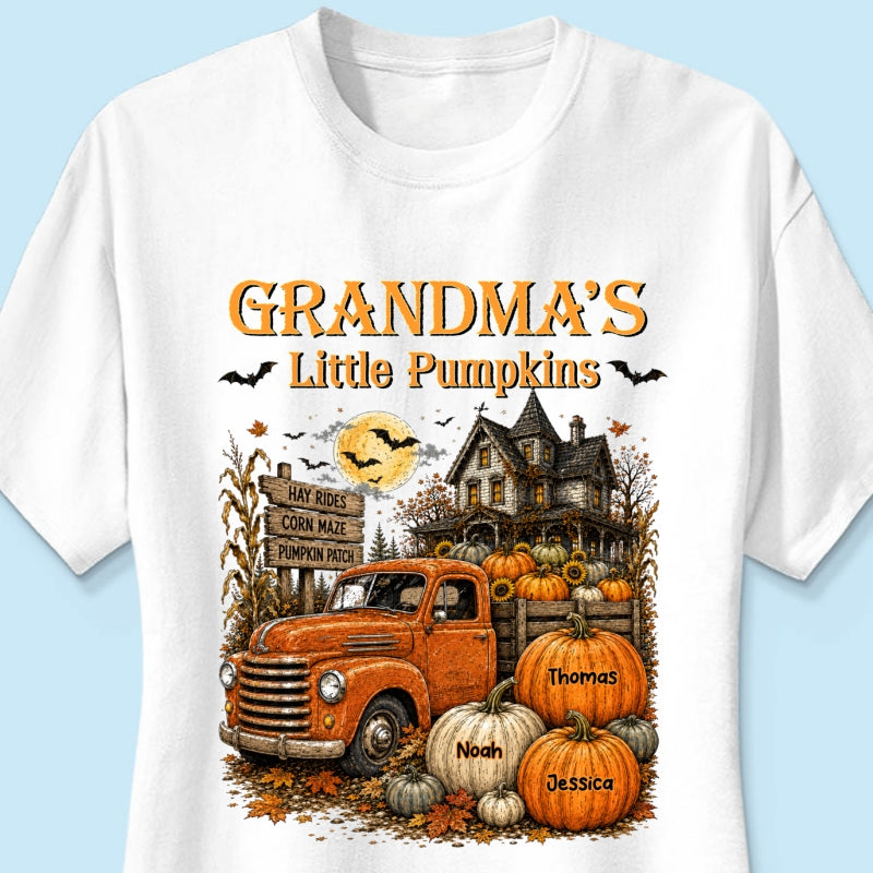 Retro Vintage Farmhouse Halloween Town Style Grandma's Little Pumpkins Truck - Personalized Shirt - Halloween Gift For Grandma
