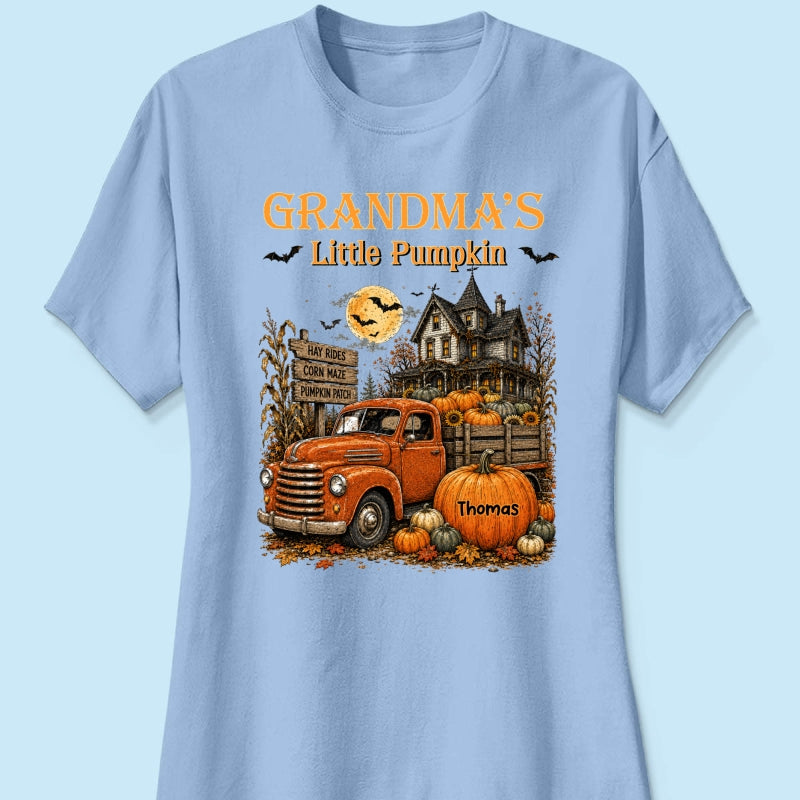 Retro Vintage Farmhouse Halloween Town Style Grandma's Little Pumpkins Truck - Personalized Shirt - Halloween Gift For Grandma
