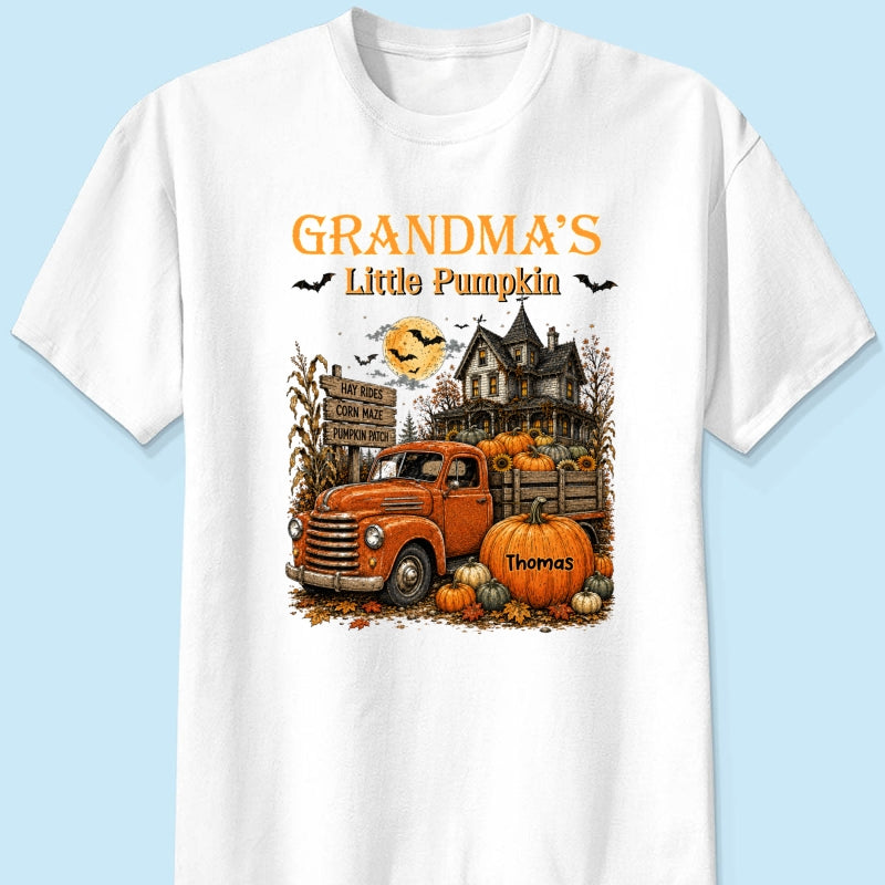 Retro Vintage Farmhouse Halloween Town Style Grandma's Little Pumpkins Truck - Personalized Shirt - Halloween Gift For Grandma