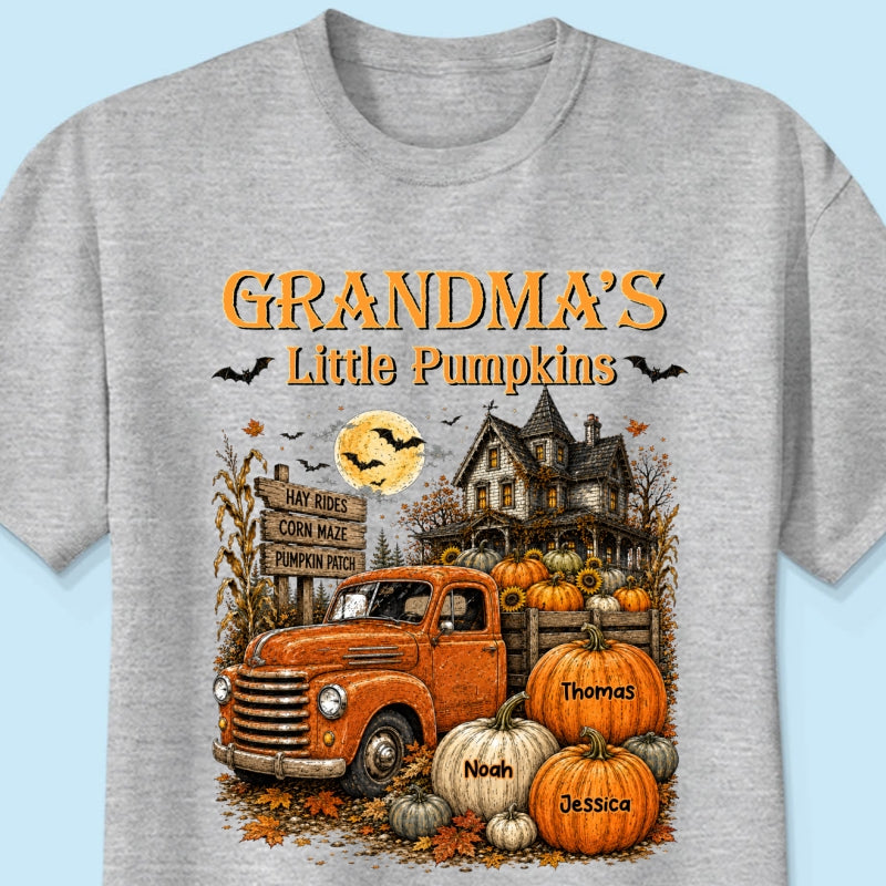 Retro Vintage Farmhouse Halloween Town Style Grandma's Little Pumpkins Truck - Personalized Shirt - Halloween Gift For Grandma