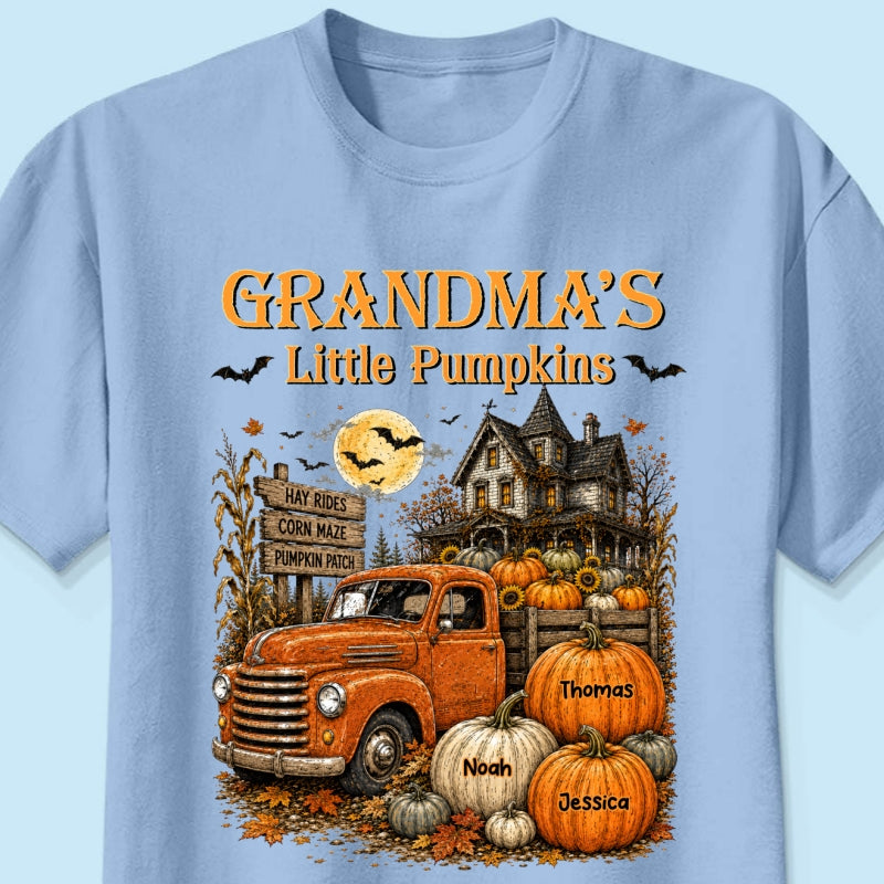 Retro Vintage Farmhouse Halloween Town Style Grandma's Little Pumpkins Truck - Personalized Shirt - Halloween Gift For Grandma