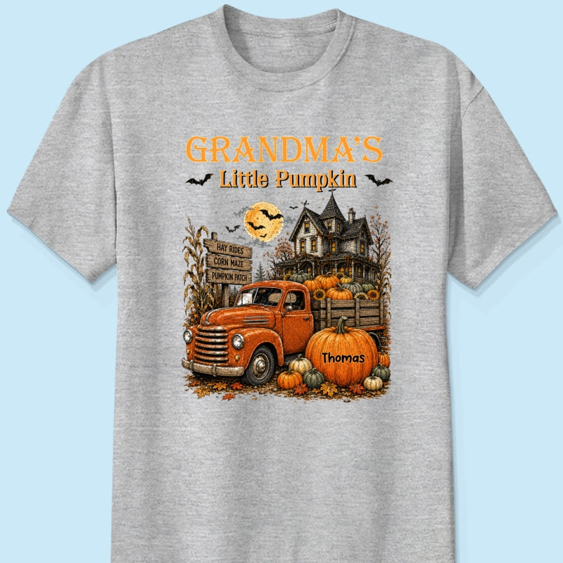 Retro Vintage Farmhouse Halloween Town Style Grandma's Little Pumpkins Truck - Personalized Shirt - Halloween Gift For Grandma