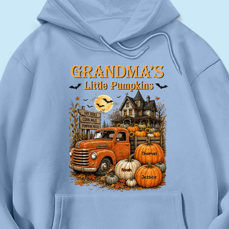 Retro Vintage Farmhouse Halloween Town Style Grandma's Little Pumpkins Truck - Personalized Shirt - Halloween Gift For Grandma