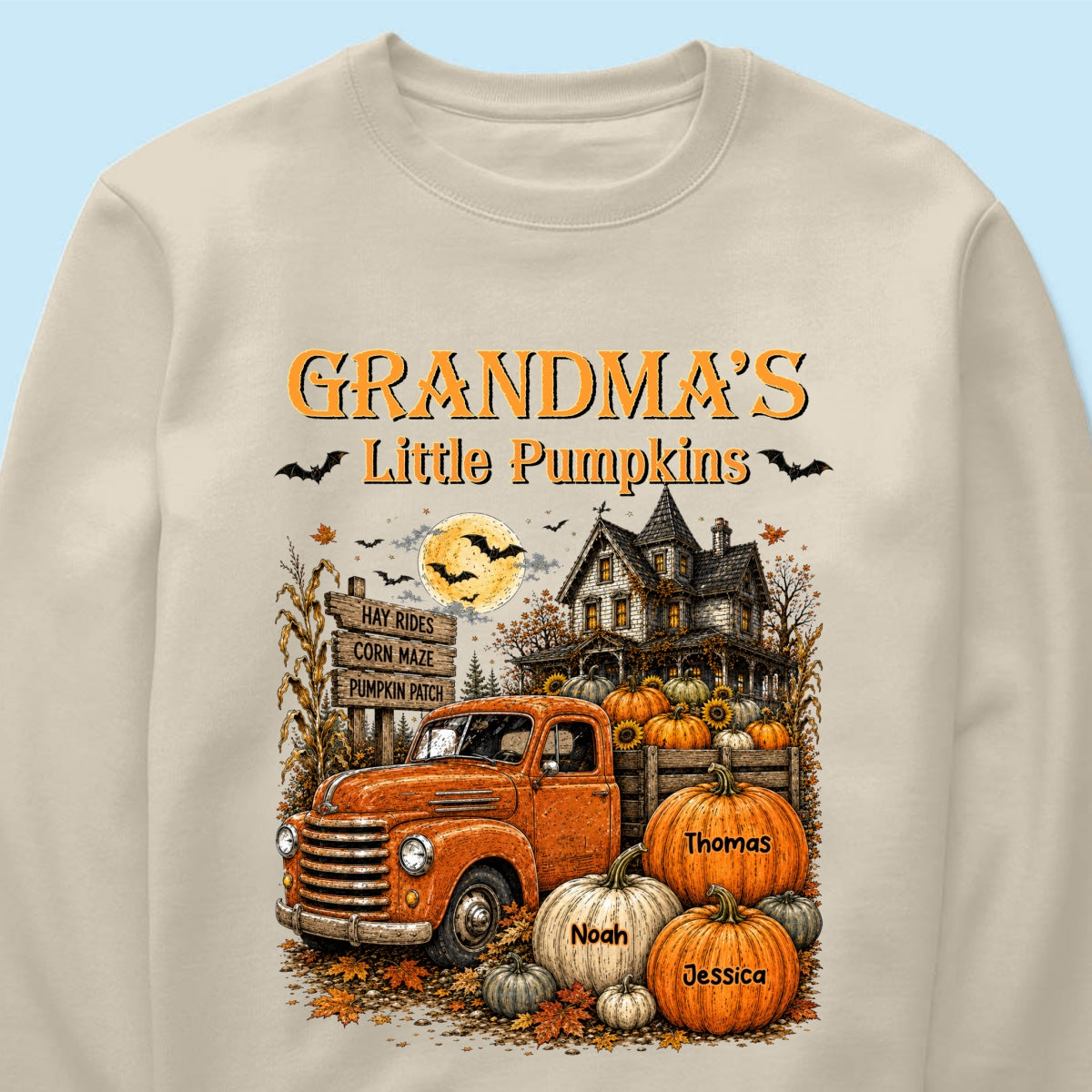 Retro Vintage Farmhouse Halloween Town Style Grandma's Little Pumpkins Truck - Personalized Shirt - Halloween Gift For Grandma