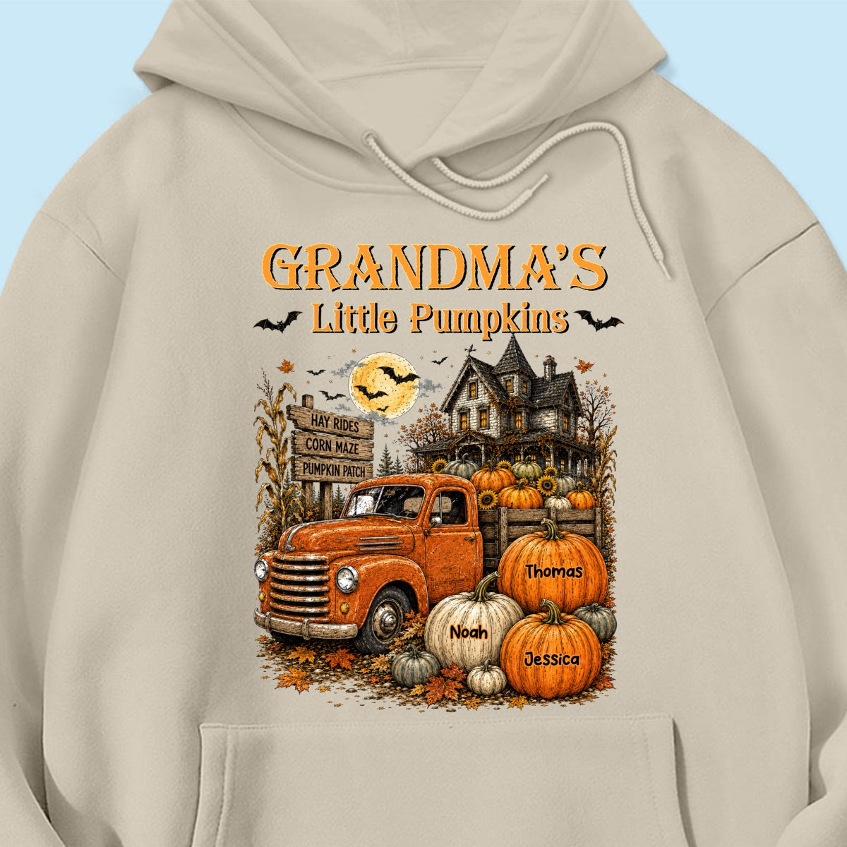 Retro Vintage Farmhouse Halloween Town Style Grandma's Little Pumpkins Truck - Personalized Shirt - Halloween Gift For Grandma