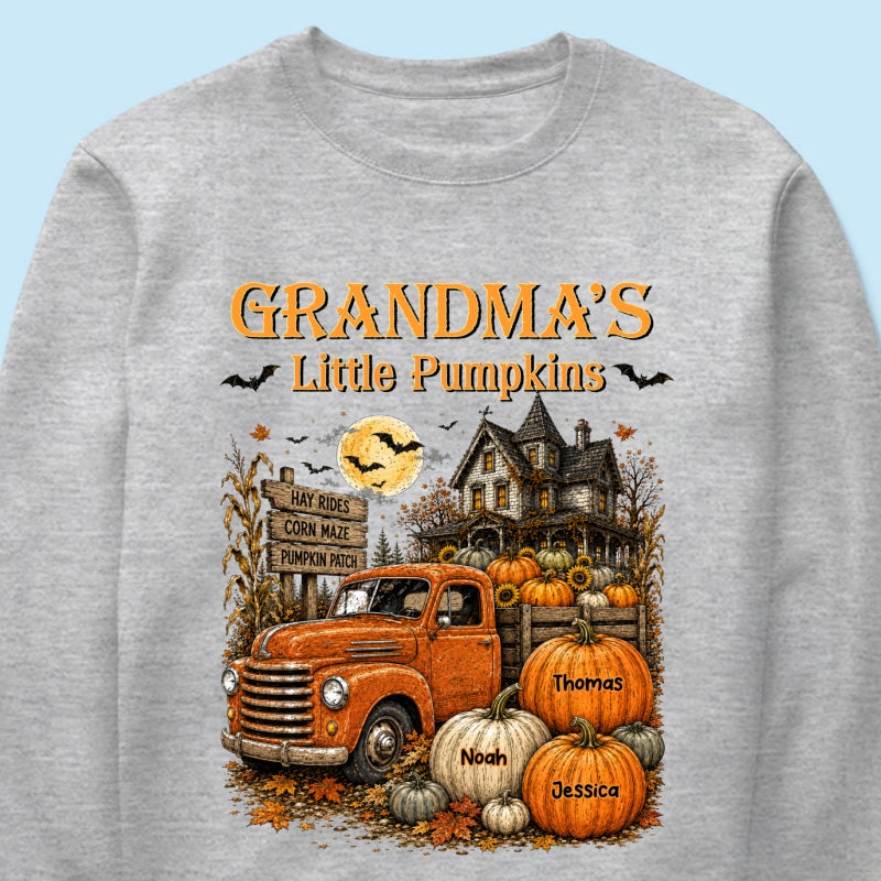 Retro Vintage Farmhouse Halloween Town Style Grandma's Little Pumpkins Truck - Personalized Shirt - Halloween Gift For Grandma