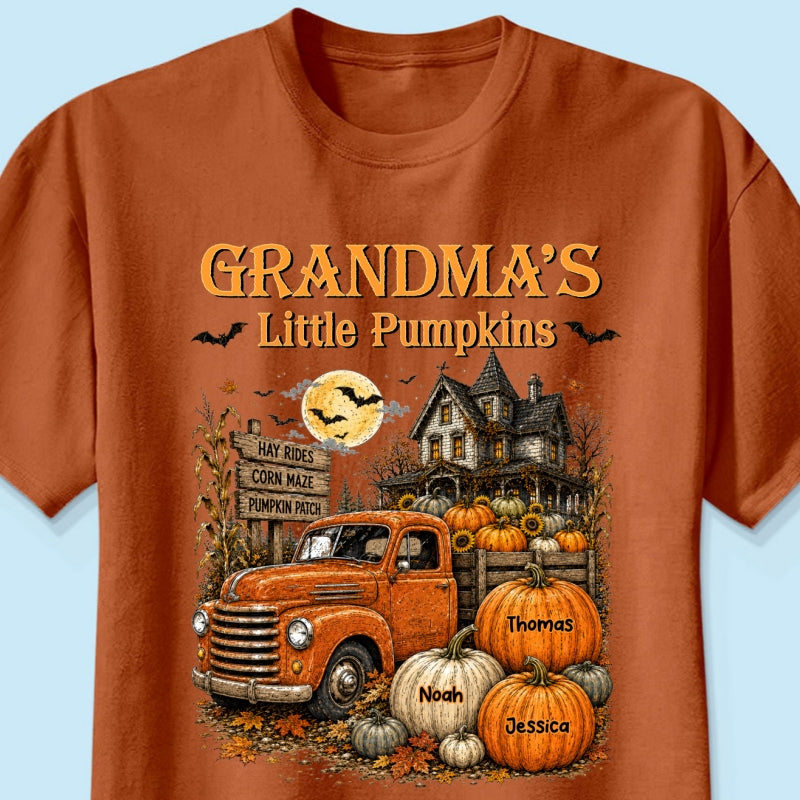 Retro Vintage Farmhouse Halloween Town Style Grandma's Little Pumpkins Truck - Personalized Shirt - Halloween Gift For Grandma
