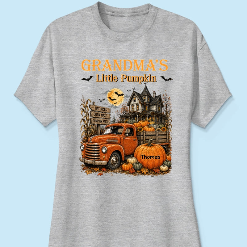 Retro Vintage Farmhouse Halloween Town Style Grandma's Little Pumpkins Truck - Personalized Shirt - Halloween Gift For Grandma