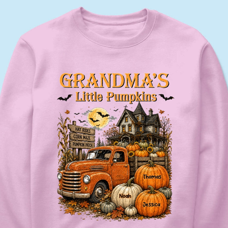 Retro Vintage Farmhouse Halloween Town Style Grandma's Little Pumpkins Truck - Personalized Shirt - Halloween Gift For Grandma