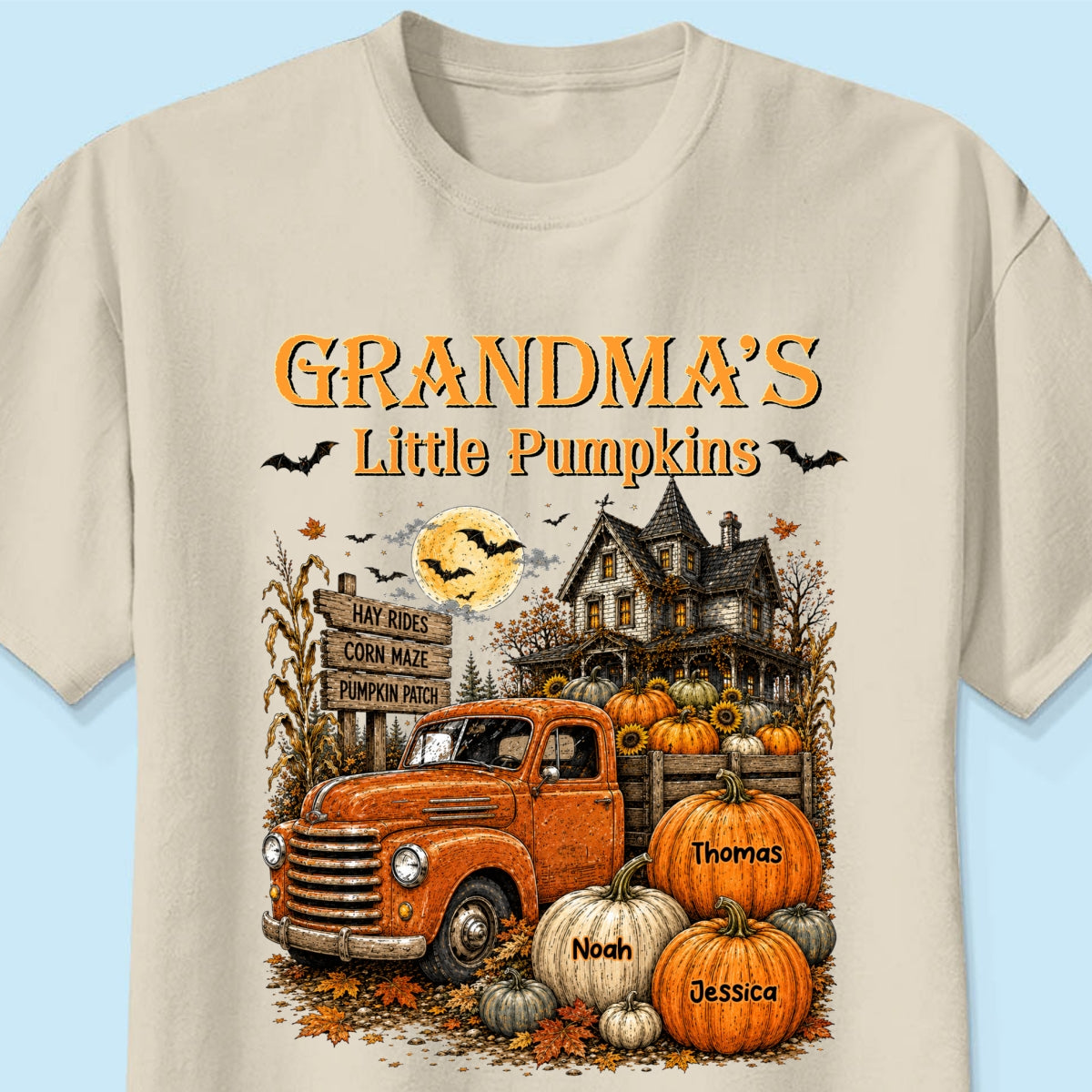 Retro Vintage Farmhouse Halloween Town Style Grandma's Little Pumpkins Truck - Personalized Shirt - Halloween Gift For Grandma