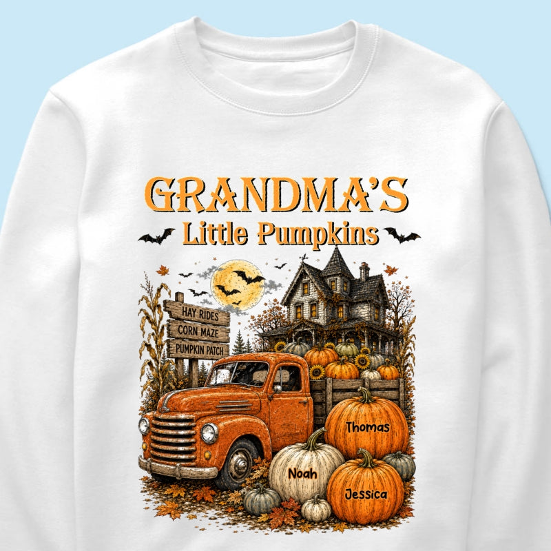Retro Vintage Farmhouse Halloween Town Style Grandma's Little Pumpkins Truck - Personalized Shirt - Halloween Gift For Grandma