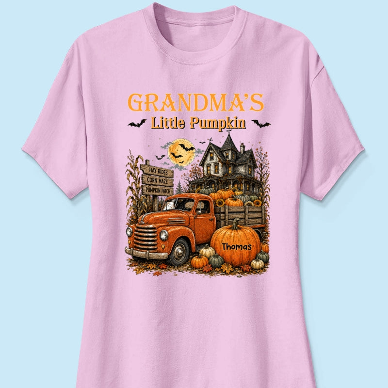 Retro Vintage Farmhouse Halloween Town Style Grandma's Little Pumpkins Truck - Personalized Shirt - Halloween Gift For Grandma