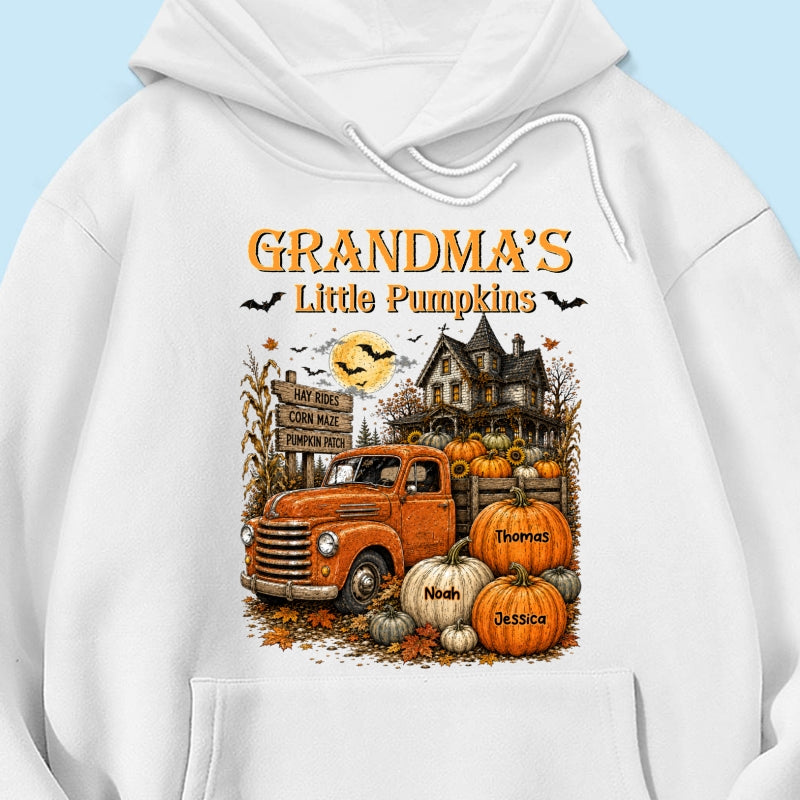 Retro Vintage Farmhouse Halloween Town Style Grandma's Little Pumpkins Truck - Personalized Shirt - Halloween Gift For Grandma