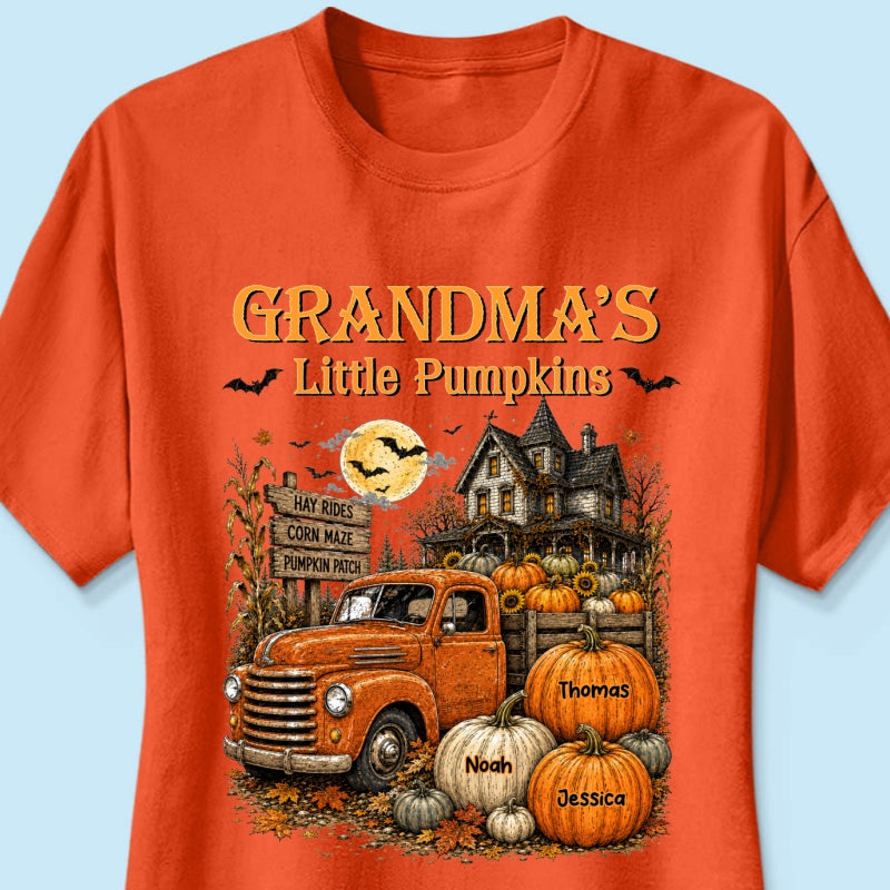Retro Vintage Farmhouse Halloween Town Style Grandma's Little Pumpkins Truck - Personalized Shirt - Halloween Gift For Grandma