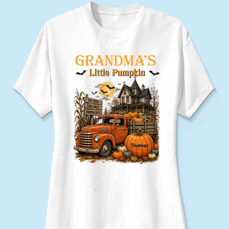 Retro Vintage Farmhouse Halloween Town Style Grandma's Little Pumpkins Truck - Personalized Shirt - Halloween Gift For Grandma