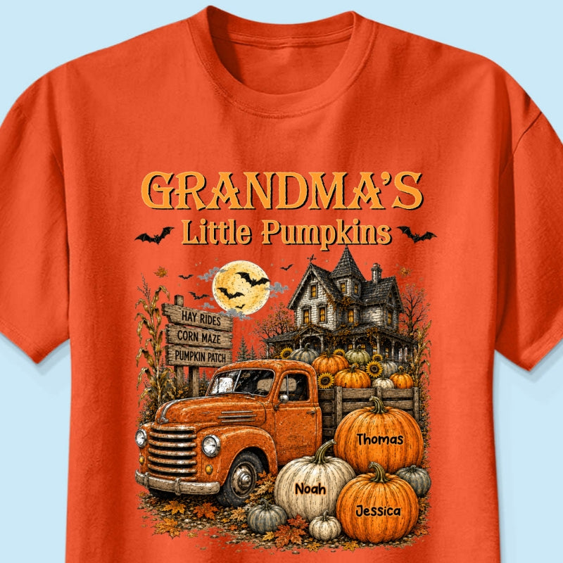 Retro Vintage Farmhouse Halloween Town Style Grandma's Little Pumpkins Truck - Personalized Shirt - Halloween Gift For Grandma