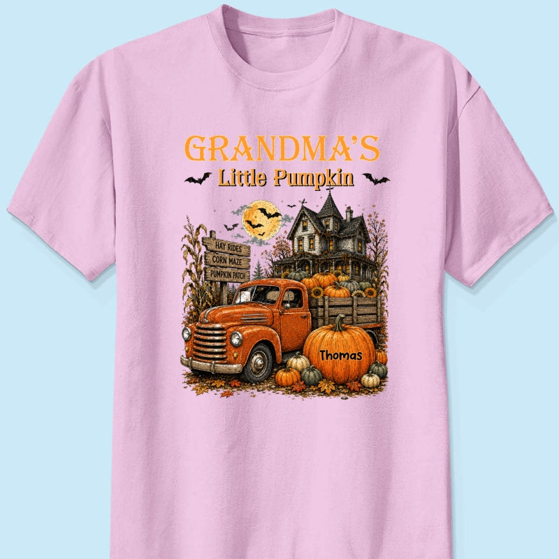 Retro Vintage Farmhouse Halloween Town Style Grandma's Little Pumpkins Truck - Personalized Shirt - Halloween Gift For Grandma
