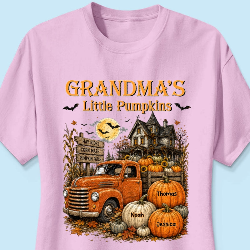 Retro Vintage Farmhouse Halloween Town Style Grandma's Little Pumpkins Truck - Personalized Shirt - Halloween Gift For Grandma