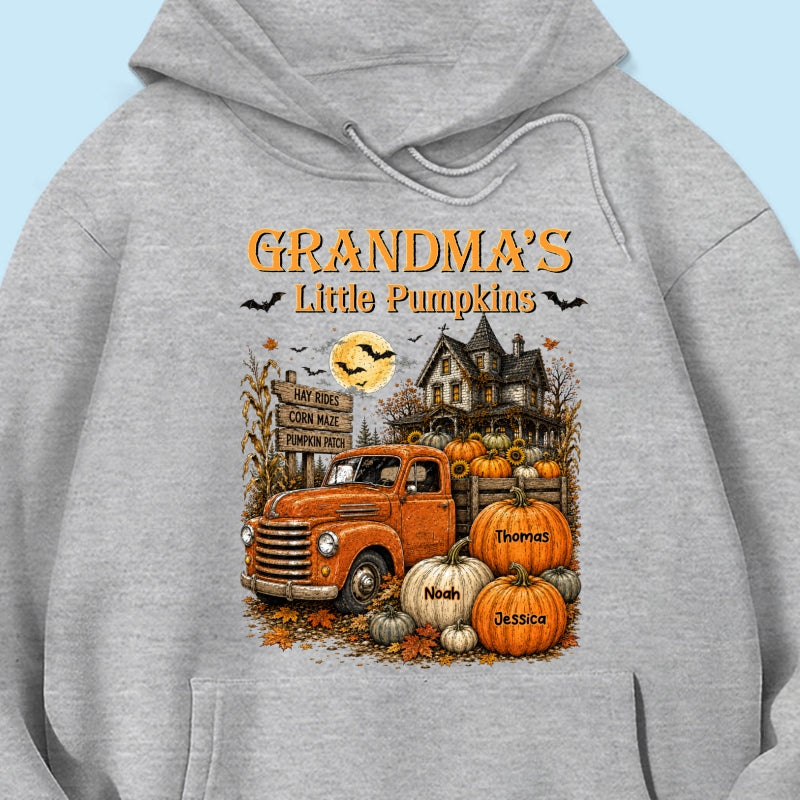 Retro Vintage Farmhouse Halloween Town Style Grandma's Little Pumpkins Truck - Personalized Shirt - Halloween Gift For Grandma