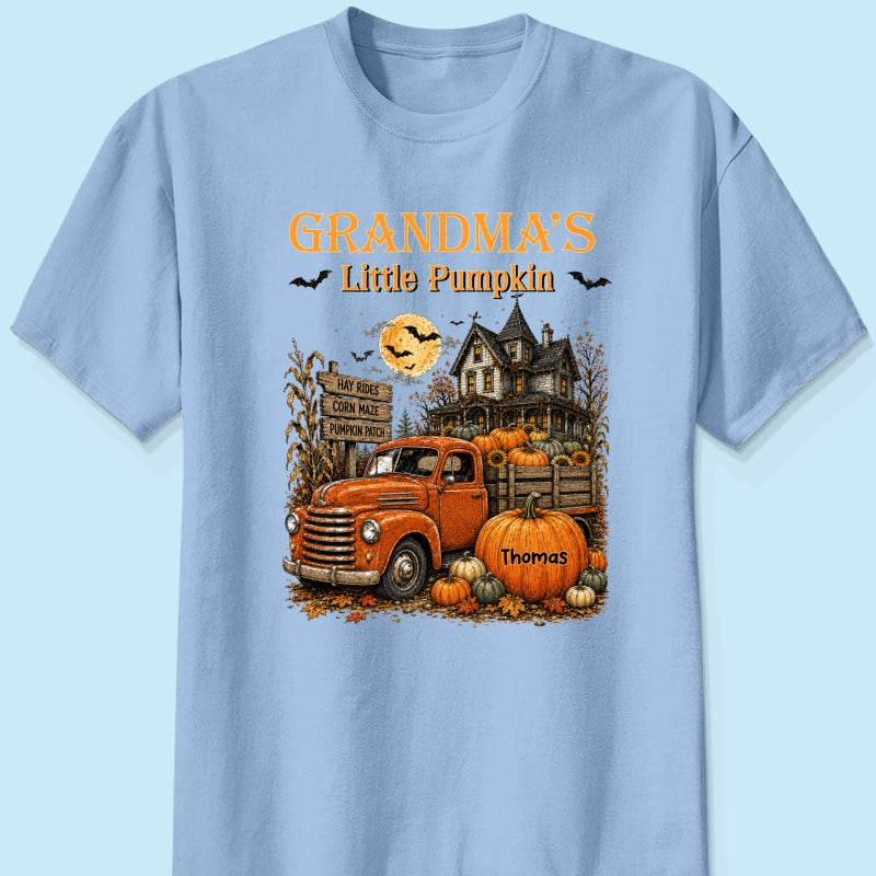 Retro Vintage Farmhouse Halloween Town Style Grandma's Little Pumpkins Truck - Personalized Shirt - Halloween Gift For Grandma