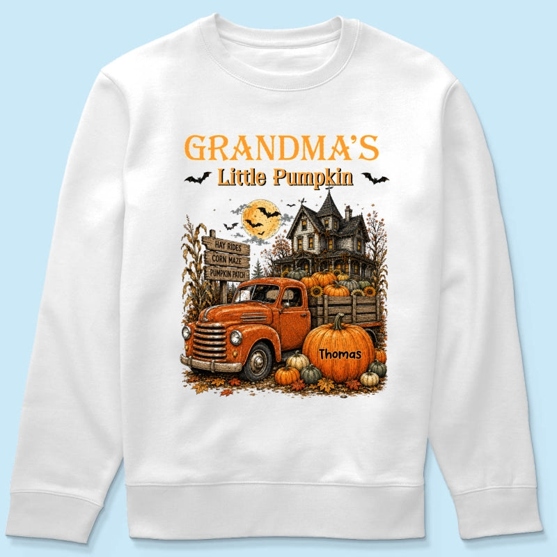 Retro Vintage Farmhouse Halloween Town Style Grandma's Little Pumpkins Truck - Personalized Shirt - Halloween Gift For Grandma