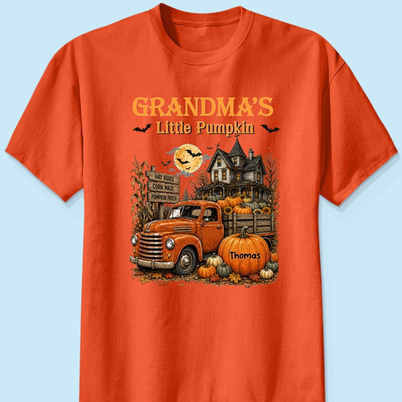 Retro Vintage Farmhouse Halloween Town Style Grandma's Little Pumpkins Truck - Personalized Shirt - Halloween Gift For Grandma
