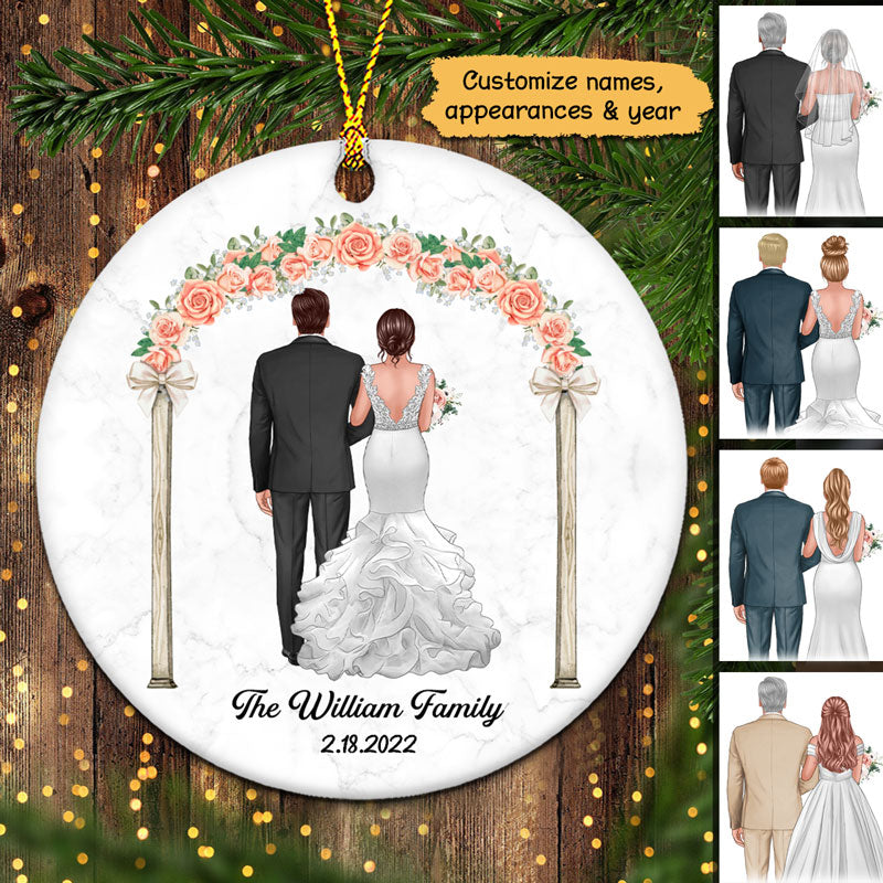 Groom And Bride Back View Flower Gate Personalized Circle Ornament