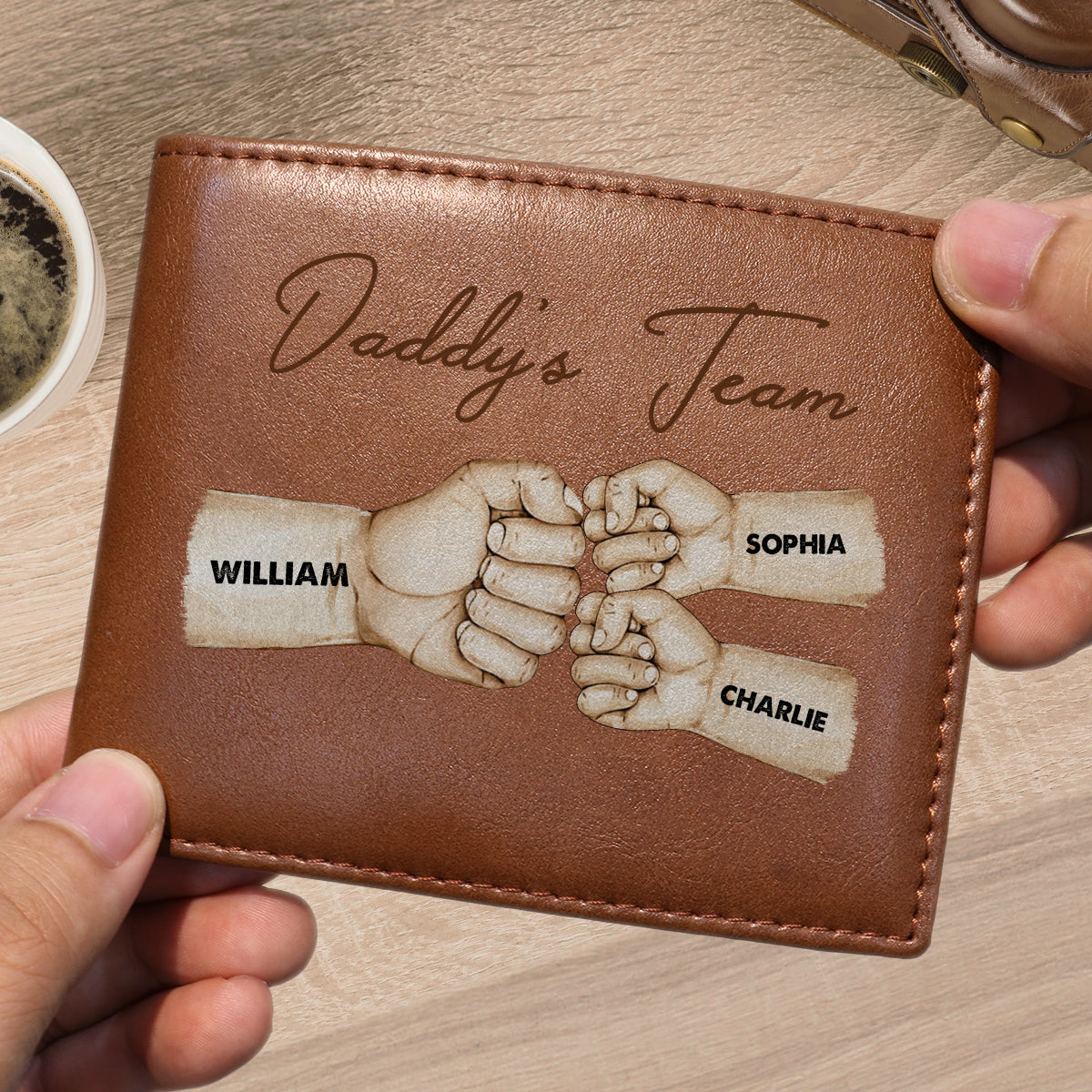 Daddy‘s Team Fist Bump Best Dad Ever Personalized Printed Leather Wallet, Gift For Husband, Dad