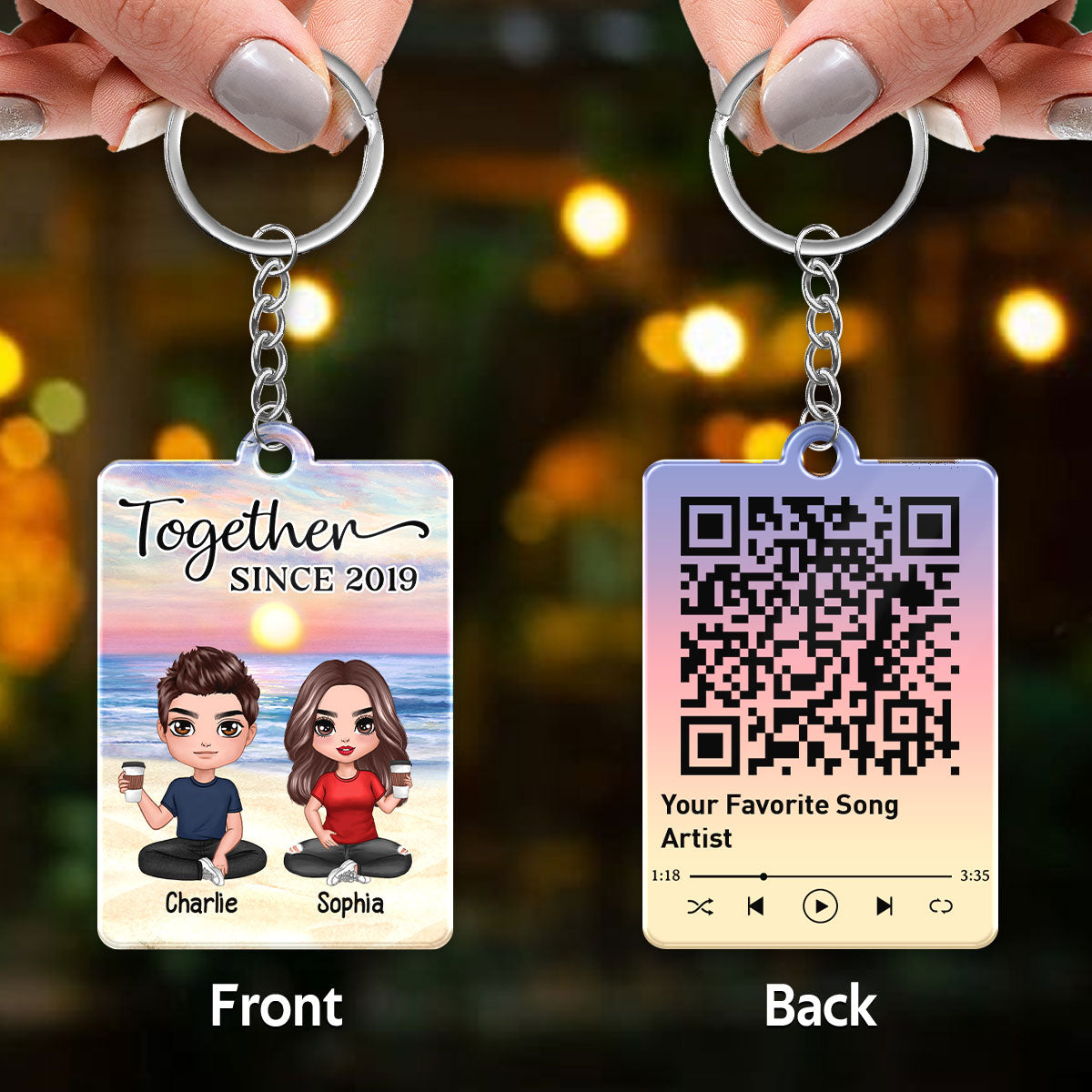 Doll Couple Sitting At Beach Favorite Song Scannable QR Code Personalized Acrylic Keychain