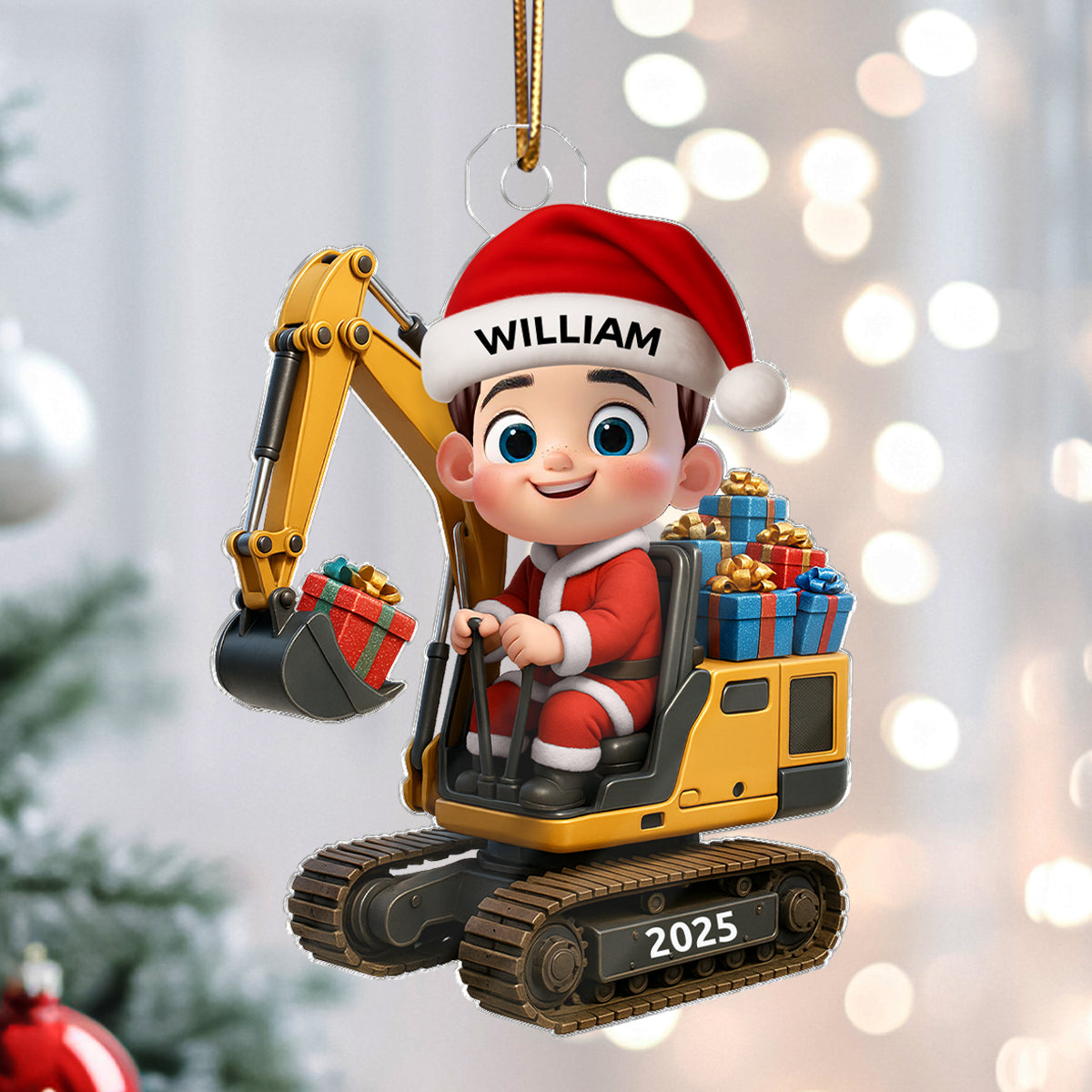 3D Effect Cute Cartoon Kid With Christmas Excavator Personalized Acrylic Ornament, Christmas Gift For Grandkids, Kids