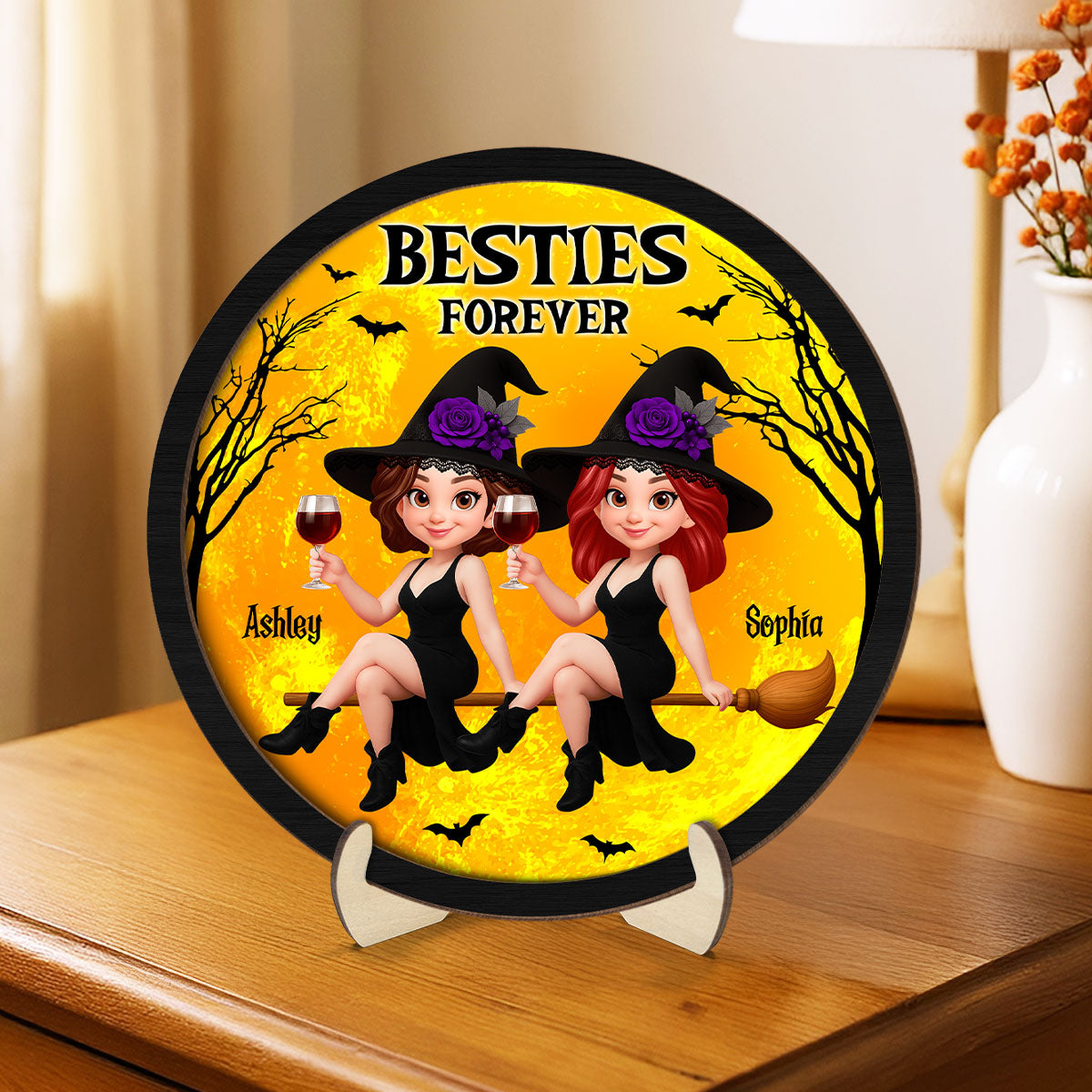 Halloween Witch Besties On Broom Personalized 2-Layer Wooden Plaque, Halloween Gift