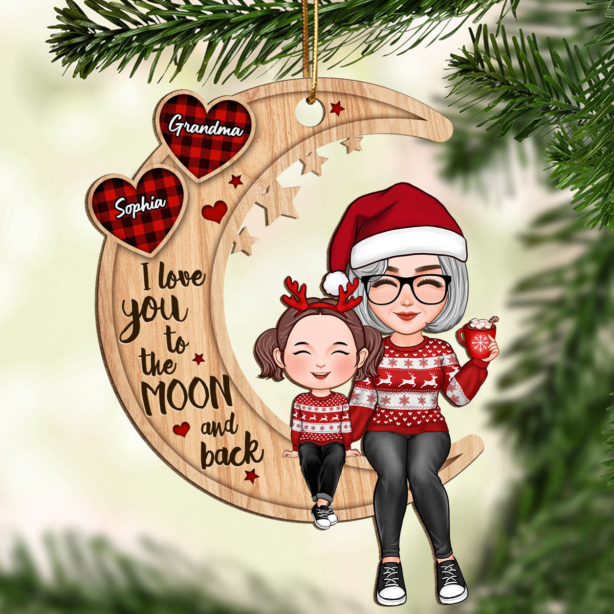 Checkered Pattern Heart Cute Grandma & Grandkid Sitting Crossed Legs On Moon Personalized Wooden Ornament