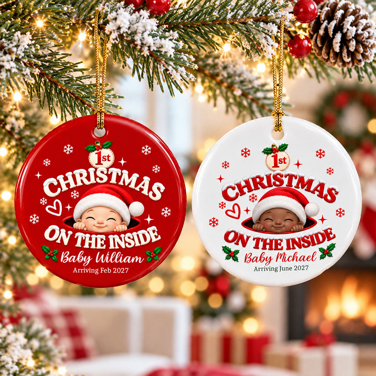 1st Christmas On The Inside Baby - Personalized Ceramic Ornament - Christmas Pregnancy Announcement Gift For Mom To Be, Expecting Mom