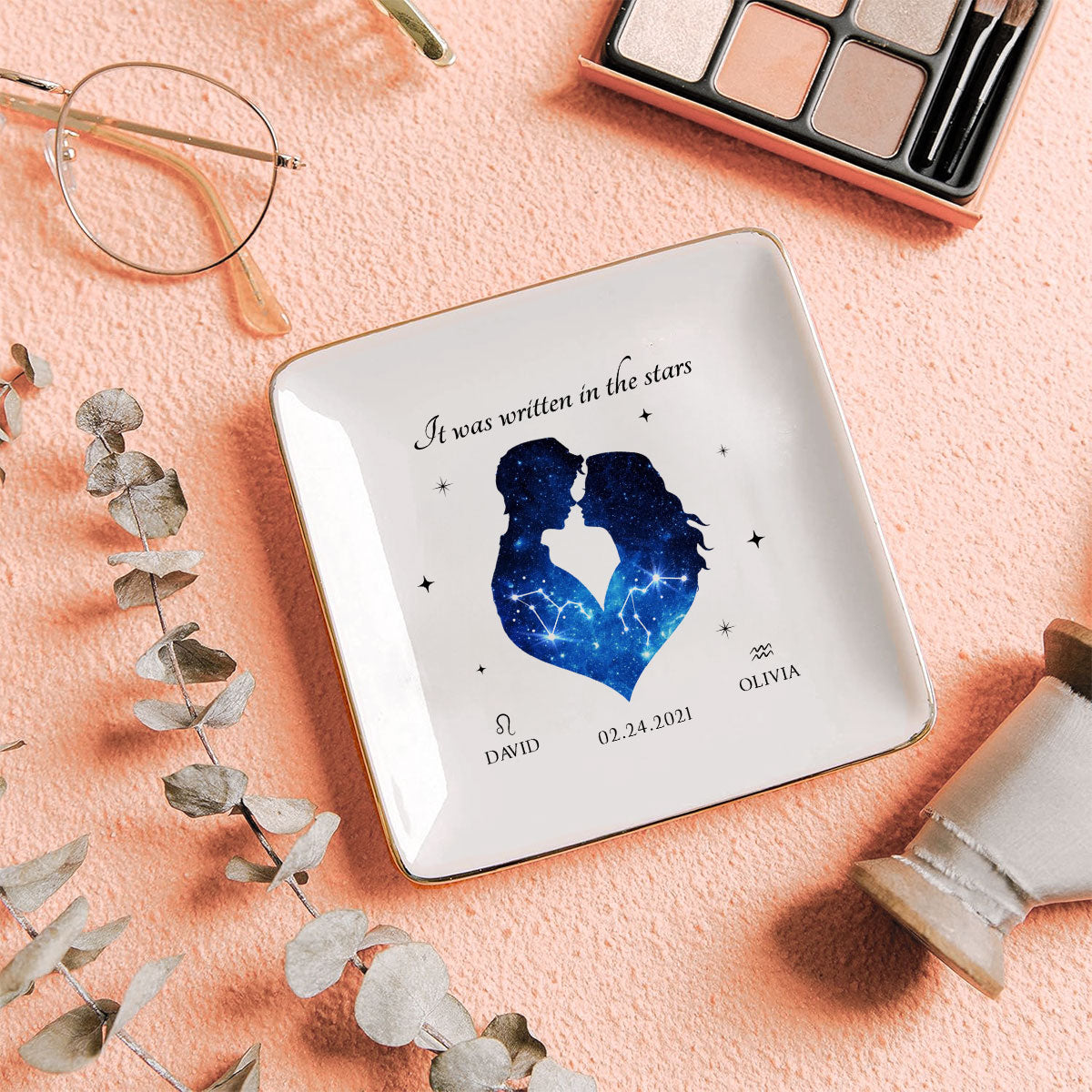It Was Written In The Stars Hugging Couple Personalized Zodiac Constellation Jewelry Dish, Gift For Bride and Groom, Bridal Shower Gift, Anniversary Gift, Engagement Gift