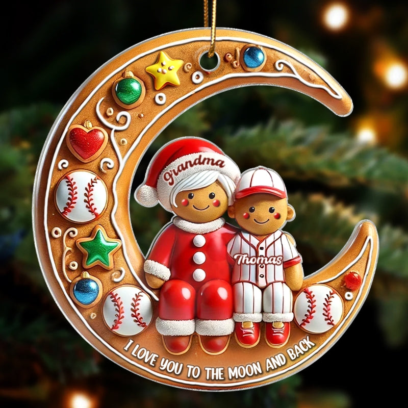 3D Effect Baseball Grandma & Grandkid On The Moon Personalized Acrylic Ornament, Christmas Gift For Grandkids