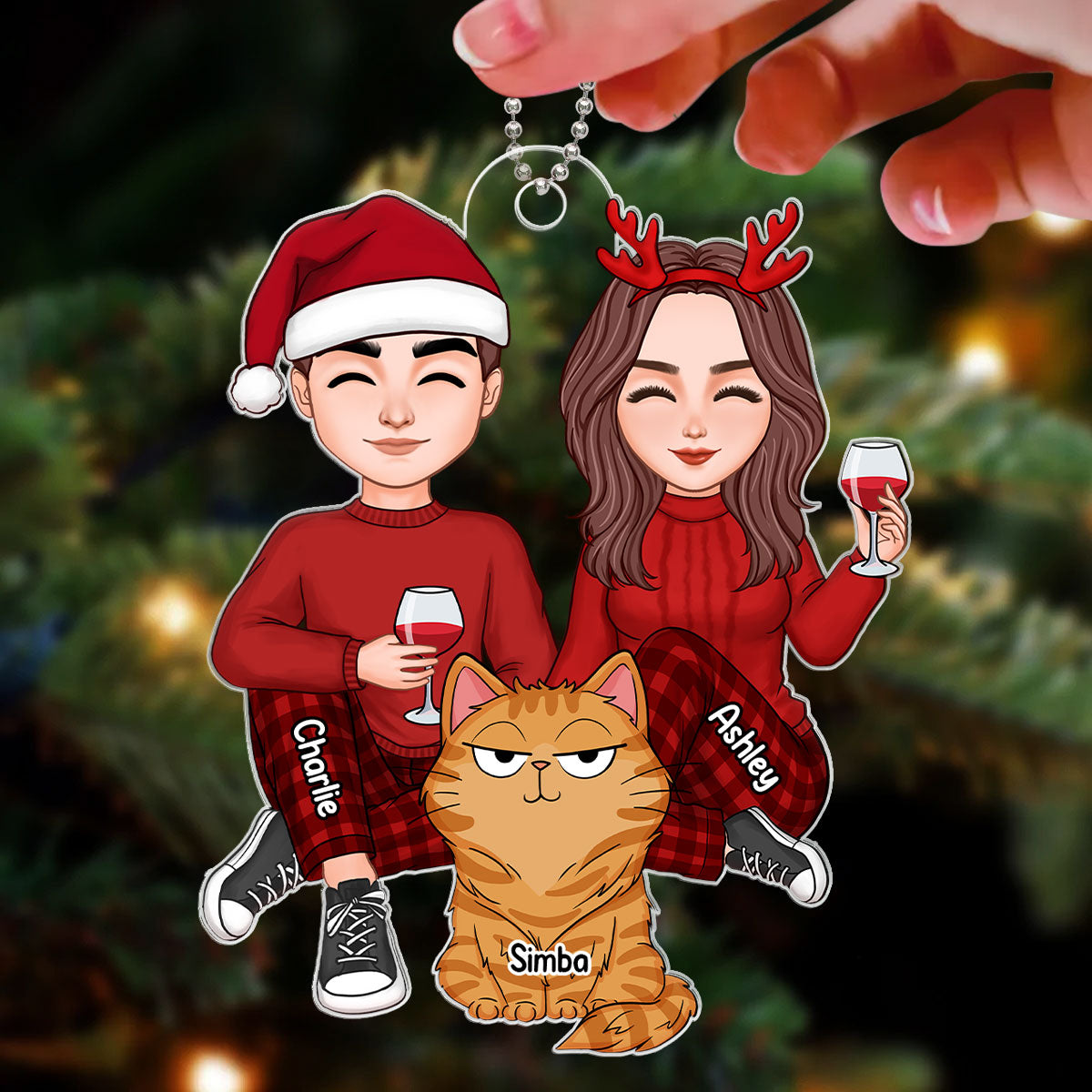 Cute Couple Sitting With Fluffy Funny Expression Cats Personalized Acrylic Ornament