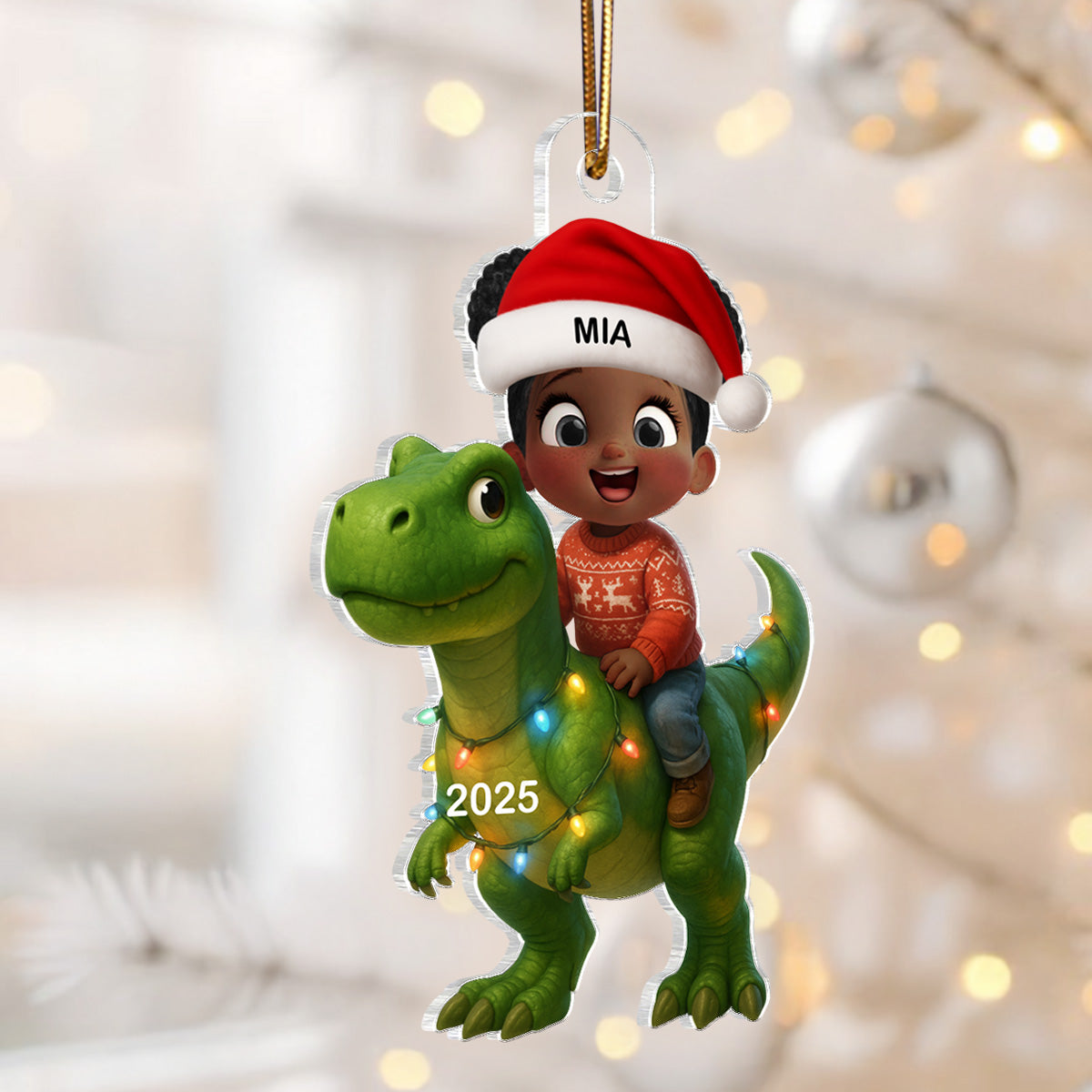 3D Effect Cute Cartoon Kid Boy And Girl With Dinosaur Christmas Personalized Flat Acrylic Ornament, Unique Gift For Kids, Grandkids