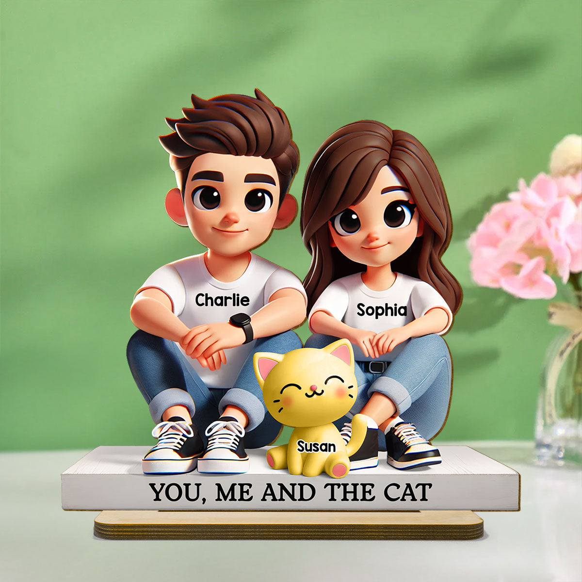 3D Effect Cute Couple And Dogs Cats Personalized Standing Wooden Plaque, Anniversary Gift,  gift, Couple Keepsake