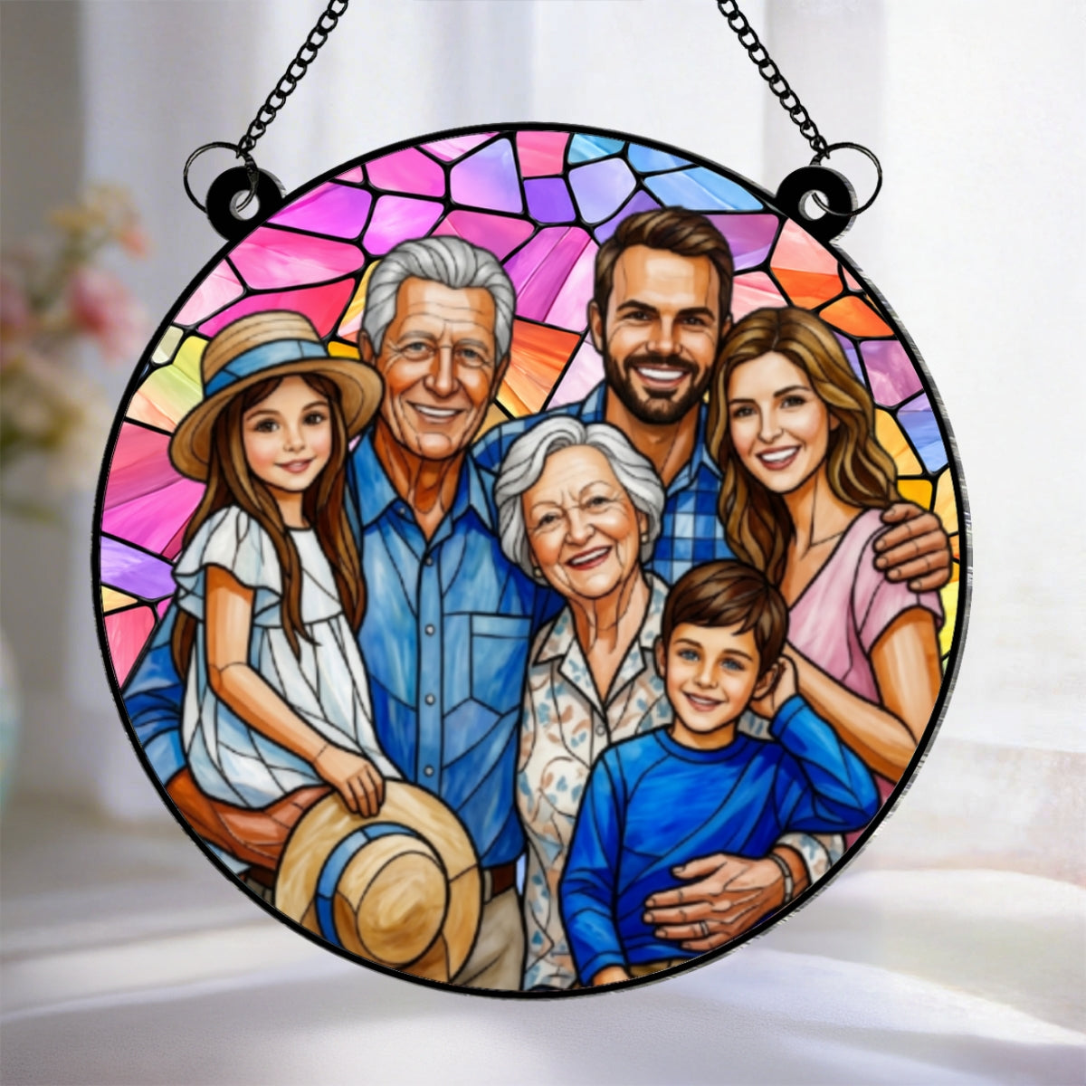 Stained Glass Family Portrait - Personalized Acrylic Window Hanger – Add Deceased Loved One to Photo, Custom Memorial Gift