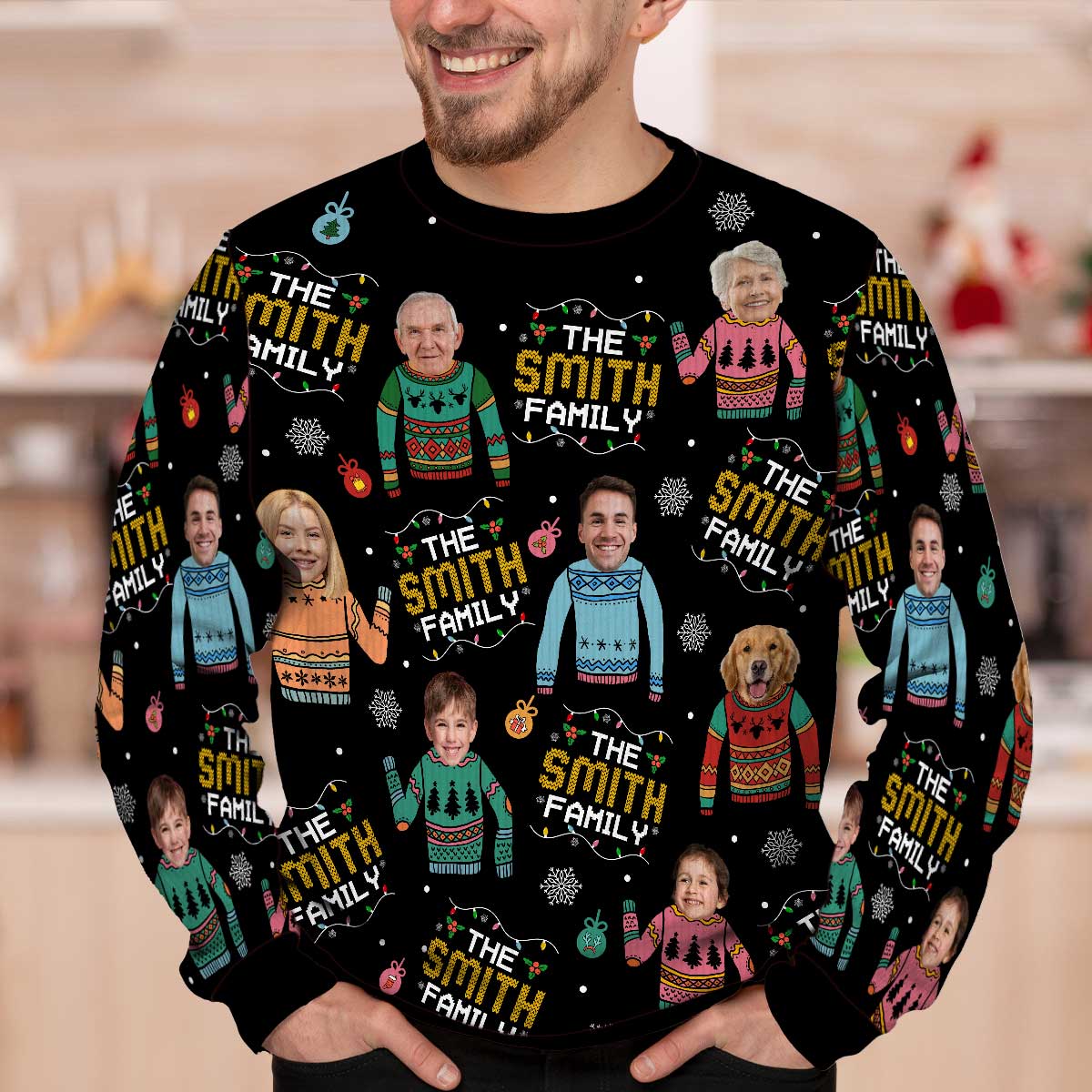 Family Photo Upload Funny Christmas Personalized Faux Knit Ugly Sweater