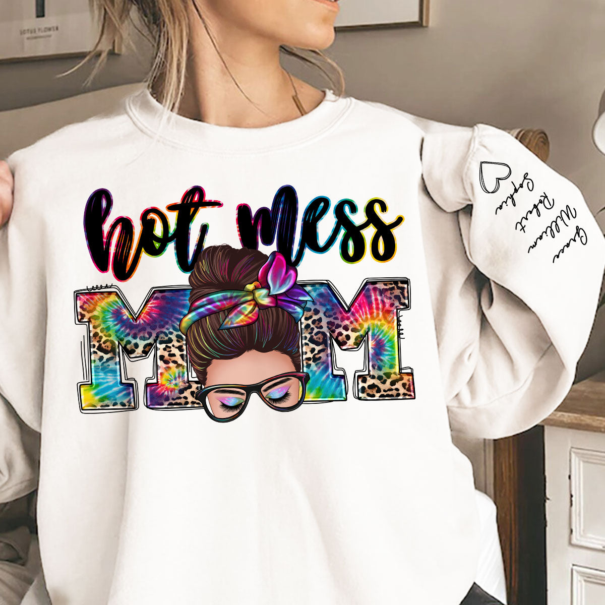 Hot Mess Mom Messy Bun, Western Mom, Personalized Sleeve Printed Sweatshirt