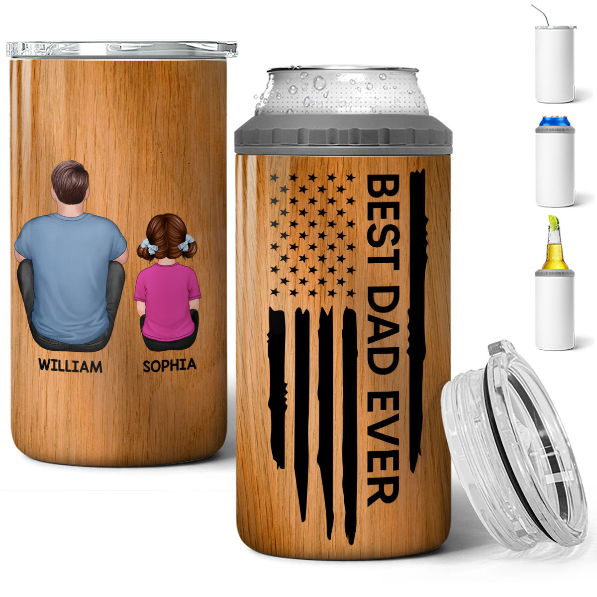 Best Dad Papa Grandpa Ever Nation Flag Back View Man & Kids Patriotic Gift For Husband Father Figures Personalized 4 In 1 Can Cooler
