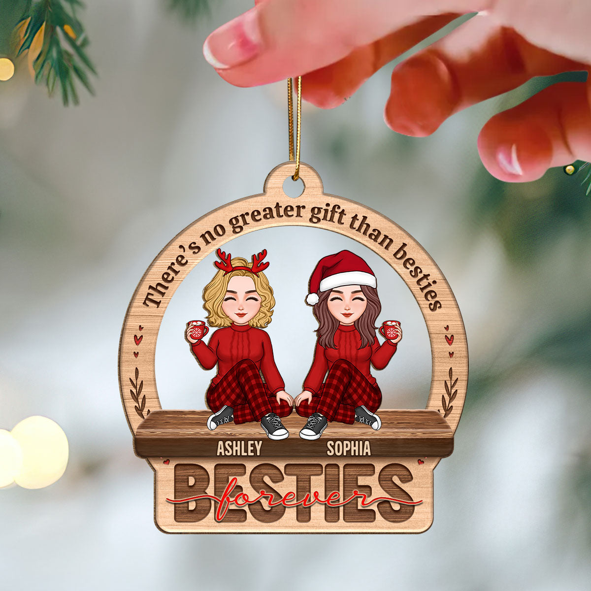 Besties Sisters Forever Cute Doll Women Personalized Custom Shaped Wooden Ornament