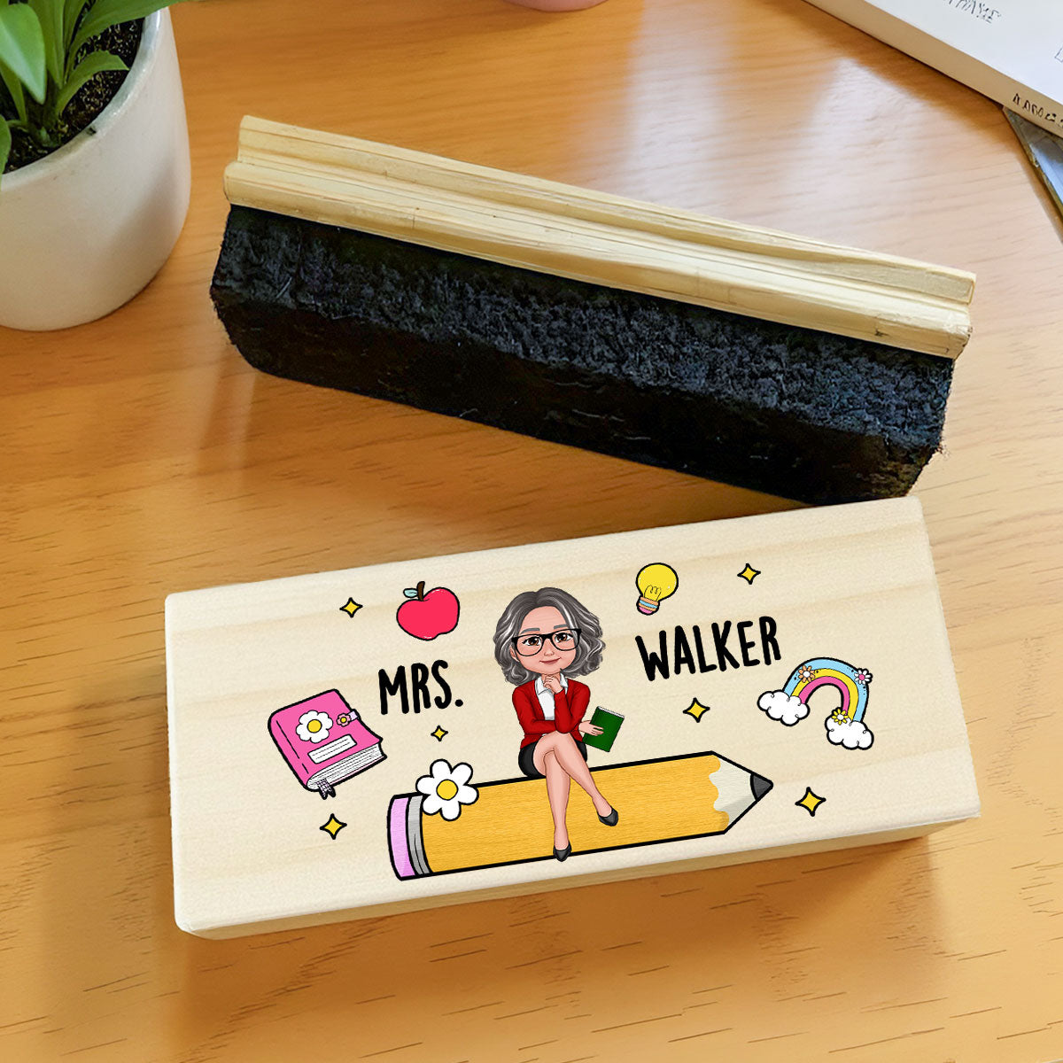 Teacher Sitting on Pencil Personalized Teacher Whiteboard Eraser, Custom Teacher Appreciation Gifts, Chalkboard Eraser with Marker