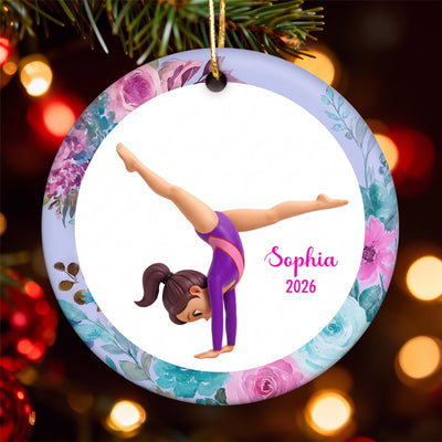 Floral Frame Gymnastic Girl - Personalized Ceramic Ornament - Gymnast Gift For Daughter, Granddaughter