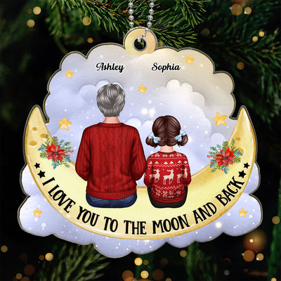 Grandma And Grandkids Back View Cute Moon Cloud Personalized Acrylic Ornament