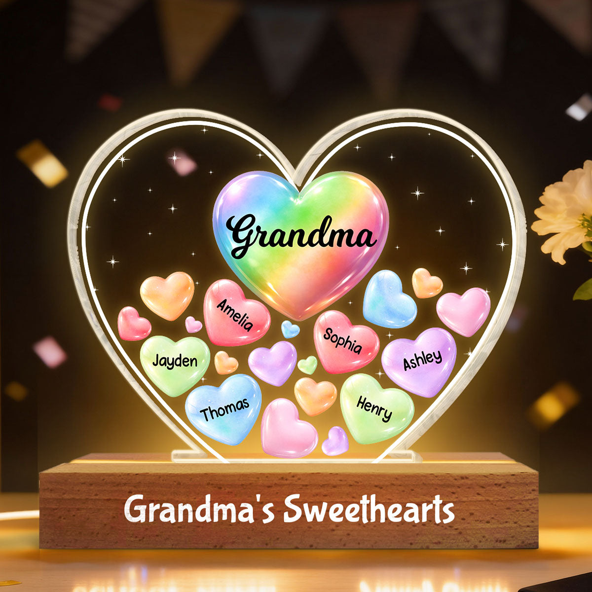 Grandma's Sweethearts In Heart - Personalized Acrylic Block Plaque LED Night Light - Gift For Grandma