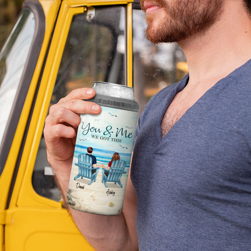 Back View Couple Sitting Beach Landscape Personalized Can Cooler