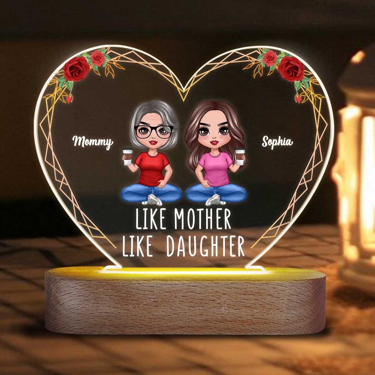 Like Mother Like Daughters Doll Mom And Daughters Sitting Gift For Mom Daughters Personalized Heart Acrylic Plaque LED Night Light